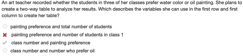 An art teacher recorded whether the students in three of her classes prefer water-example-1