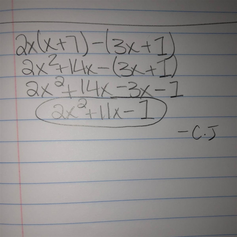 Use the distributive property to find an expression that is equivalent to 2x(x + 7)-(3x-example-1