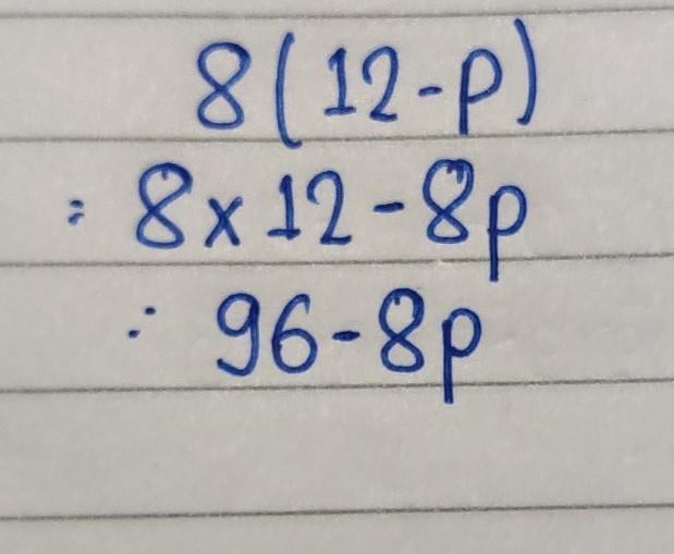 Simplify. 8(12 - p) 20 - (8+p) 96 - 8p 96 - p 96p-example-1