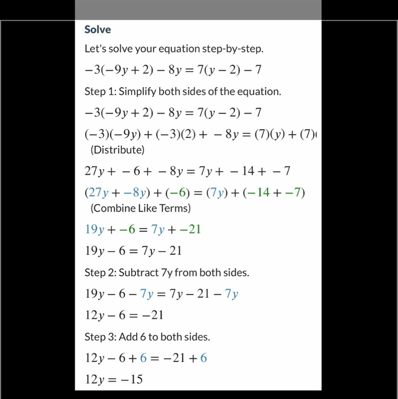 Solve for y. - 3(-9y + 2) - 8y = 7(y-2)-7 Simplify your answer as much as possible-example-1