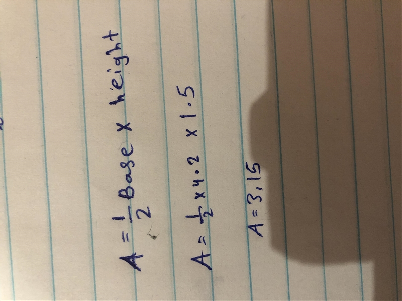 Find the area of the triangle that has a base of 4.2 mm and a height of 1.5 mm. 2.85 mm-example-1