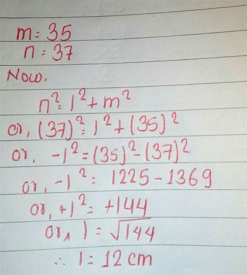 If m = 35 cm and n = 37 cm, what is the length of l? A. 15 cm B. 13 cm C. 12 cm D-example-1