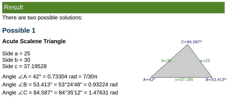 For triangle DEF, angle D = 42 degrees, line e = 30 meters and line d = 25 meters-example-1