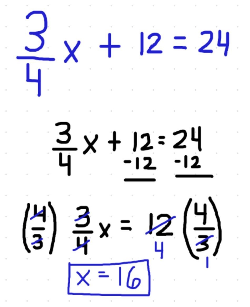 What value of x is the solution to the equation 3/4x+12=24 a. 9 b. 16 c. 27 d. 48-example-1