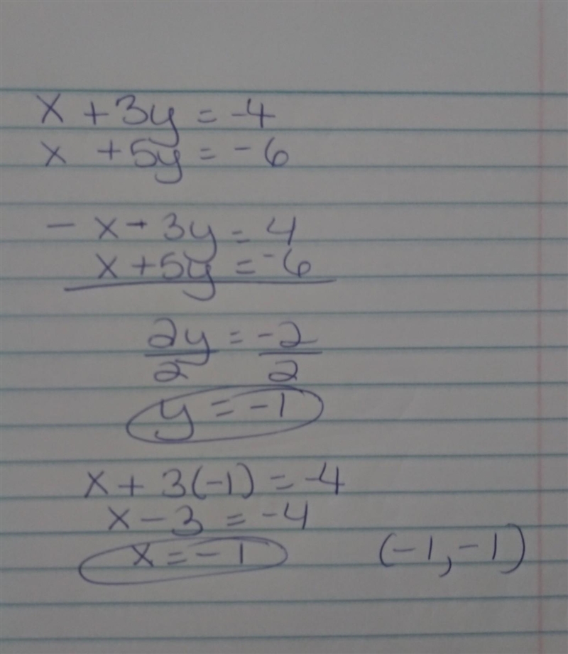 Solve the following system of equations: x + 3y = −4 x + 5y = −6 pls and thx-example-1