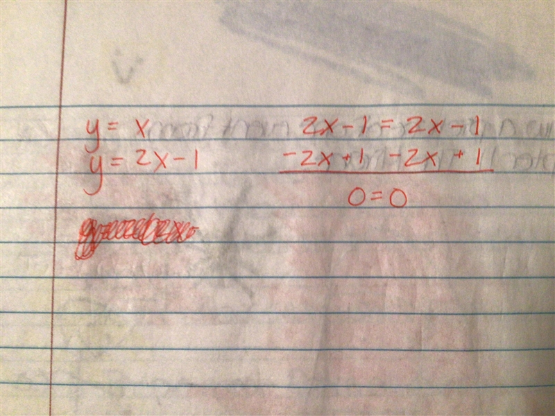 Solve the linear equation by substitution (Please show work) y = x y= 2x - 1-example-1