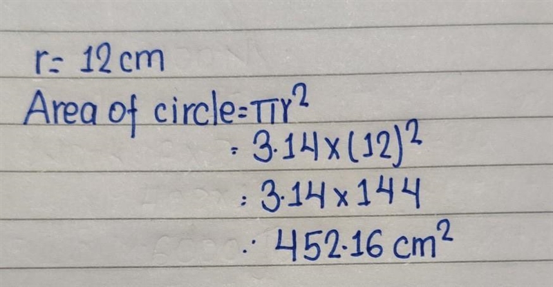 The circle above has a radius of 12 cm. What is the area of the circle? Use = 3.14-example-1