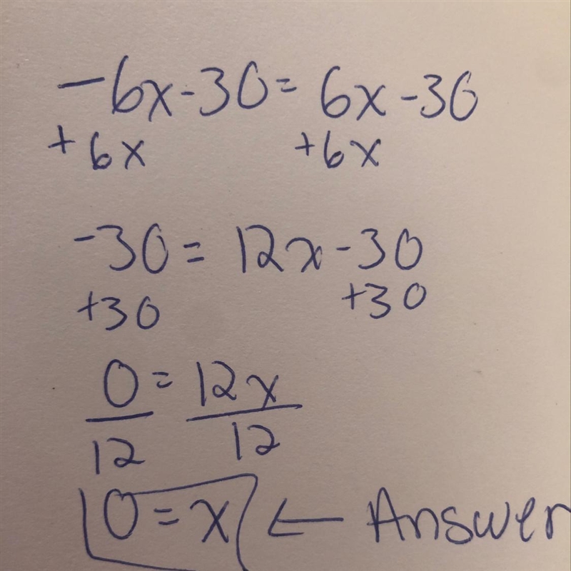 What is the answer to -6x - 30 = 6x - 30-example-1