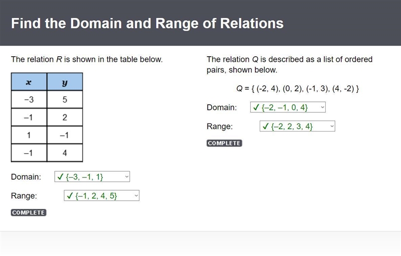 The relation Q is described as a list of ordered pairs, shown below. Q = { (-2, 4), (0, 2), (-1, 3), (4, -2) } Domain-example-1