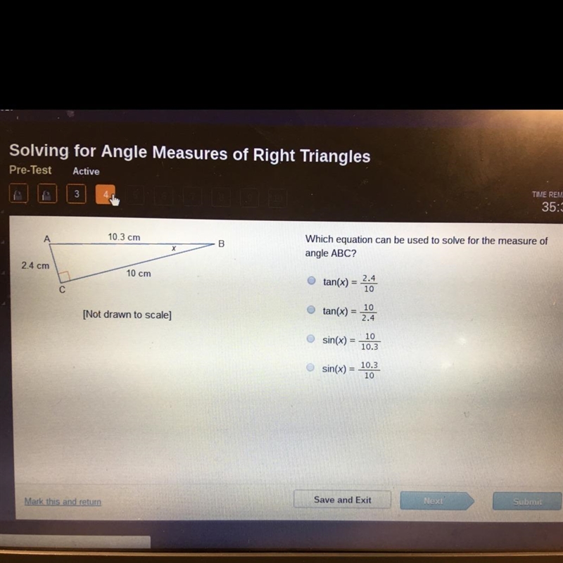 Which equation can be used to solve for the measure of angle ABC? tan(x) = tan(x) = sin-example-1