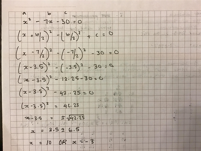 Solve by completing the square with working out please x^2-7x-30=0-example-1