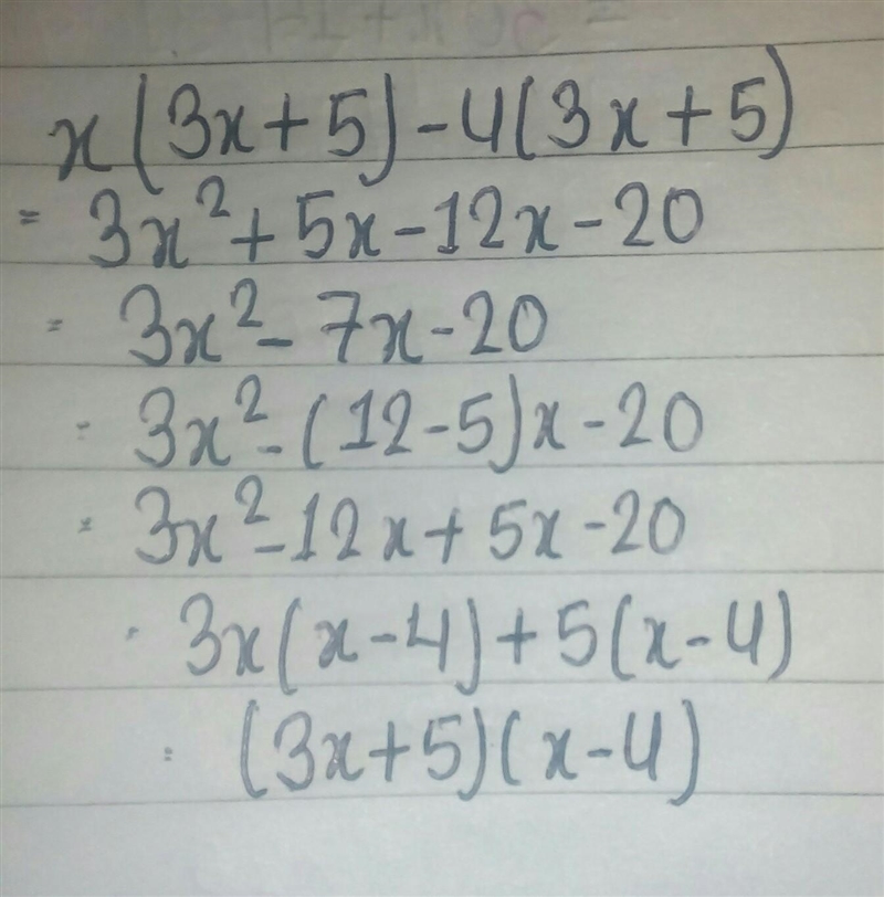 2 PONS Factor the polynomial: x(3x + 5) - 4(3x+5) O A. (3x+5)(x - 4) O B. 4x(3x + 5) O-example-1