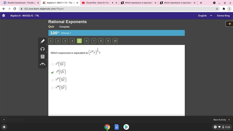 Which expression is equivalent to (x Superscript 27 Baseline y) Superscript one-third-example-1