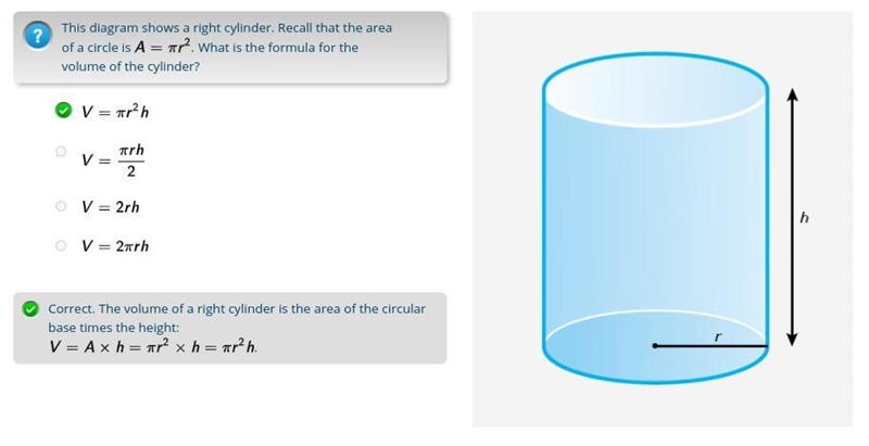 This diagram shows a right cylinder. Recall that the area of a circle is A = ar?. What-example-1