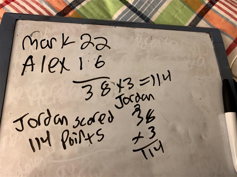 Mark, Jordan and Alex was playing basketball. Mark scored 22 points. Alex scored 16 points-example-1