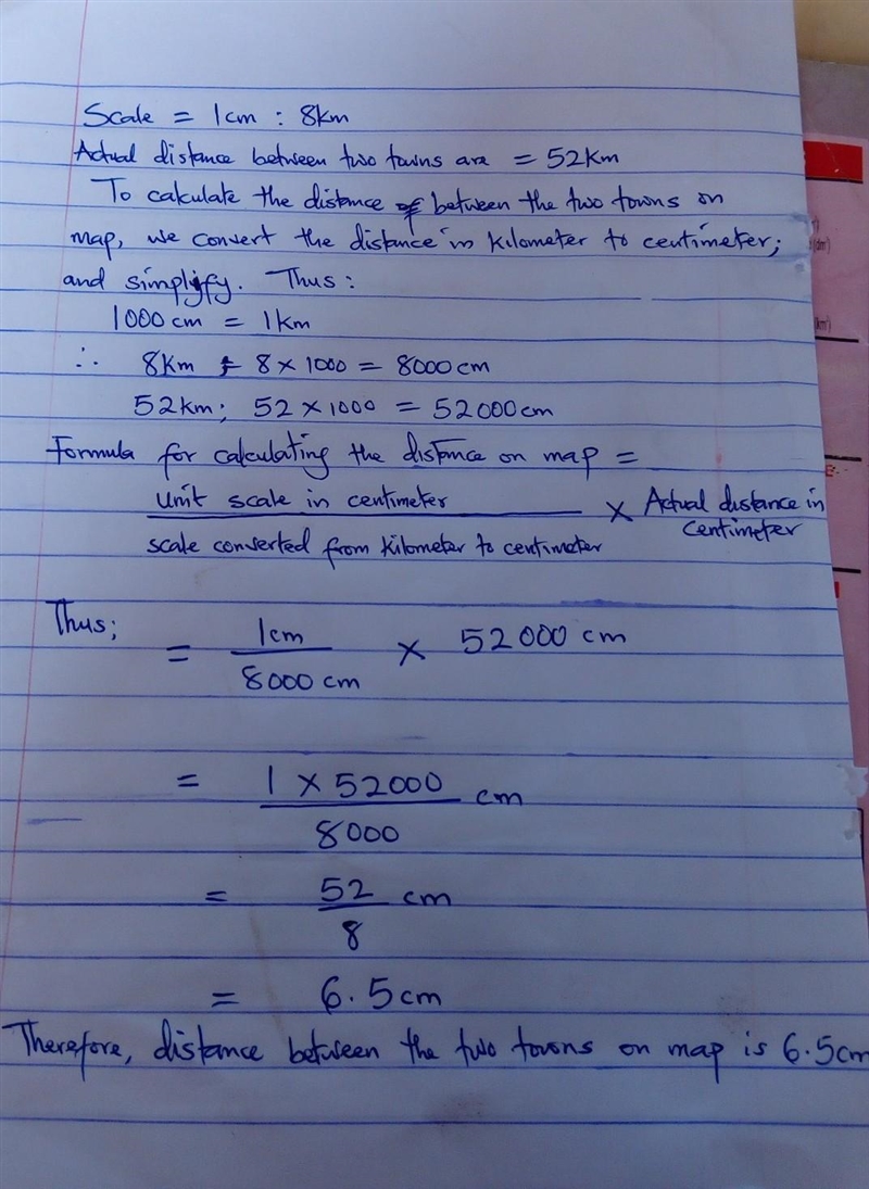 the scale of map is 1cm to 8km , two towns are 52km apart . how far apart are the-example-1