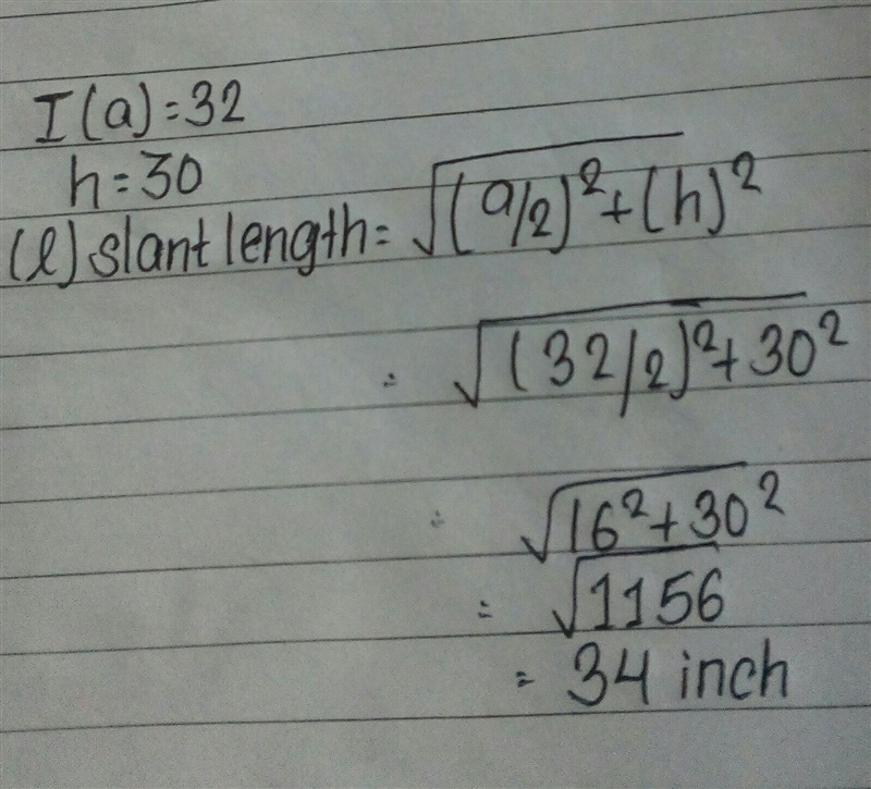 In the rectangular pyramid below, l = 32 inches, w = 26 inches, and h = 30 inches-example-1