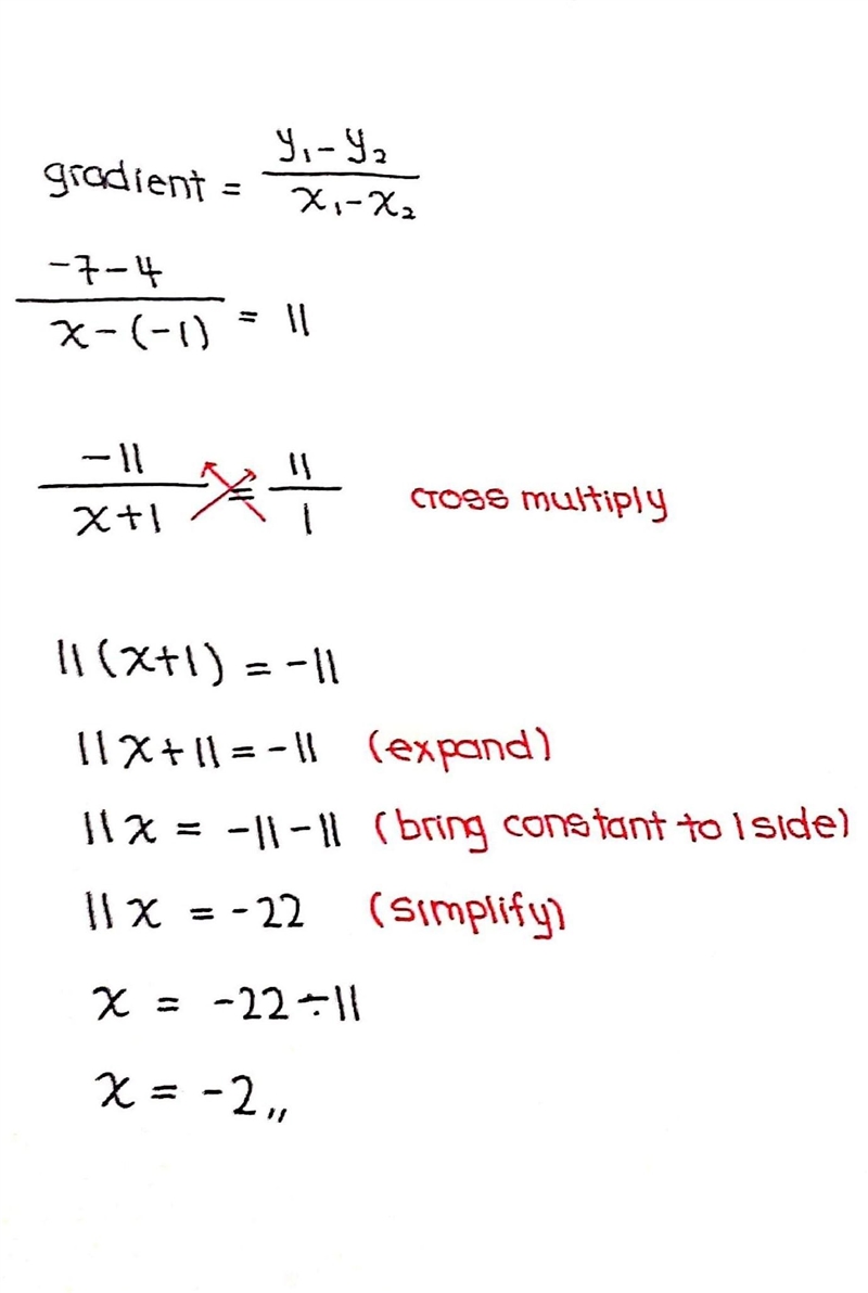 What does the value of x have to be so that (x, -7) and (-1,4) have a slope of 11 between-example-1