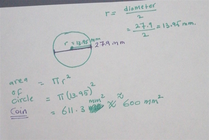 The diameter of a round coin is 27.9 millimeters. What is the approximate area of-example-1