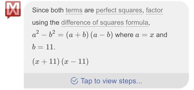 Factor the expression. x²- 121-example-1