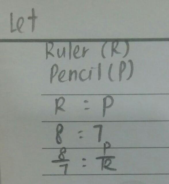 - The ratio of the length of a ruler to the length of a pencil is 8:7. What fraction-example-1