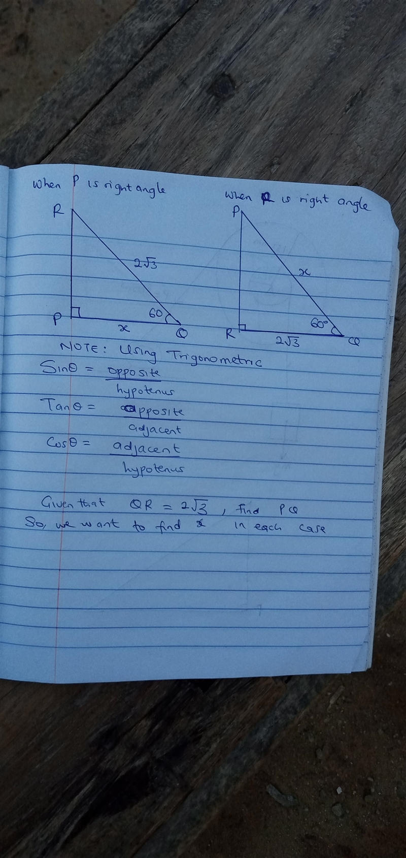 In the right triangle shown angle Q is equal to 60 in QR is equal to two radical three-example-1