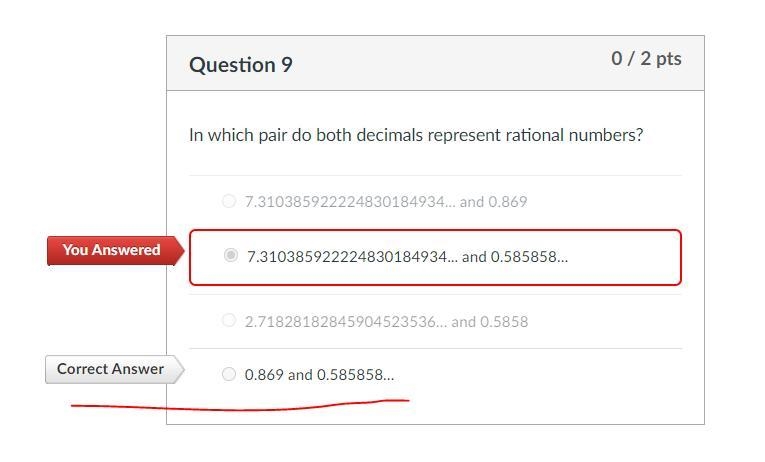 In which pair do both decimals represent rational numbers? A. 0.869 and 0.585858… B-example-1