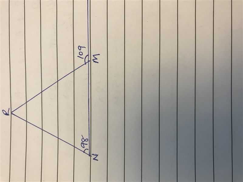 What is the measure of Angle M R N? Triangle M R N. Angle N is 98 degrees. Side N-example-1