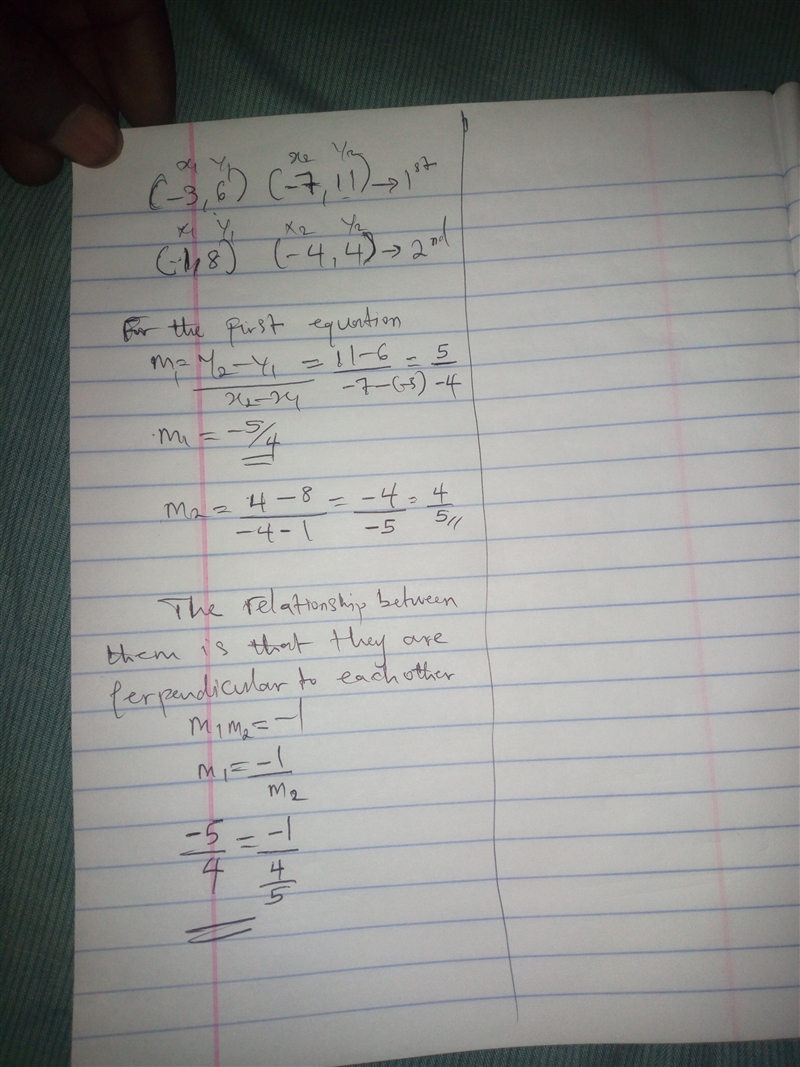 Which best describes the relationship between the line that passes through the points-example-1