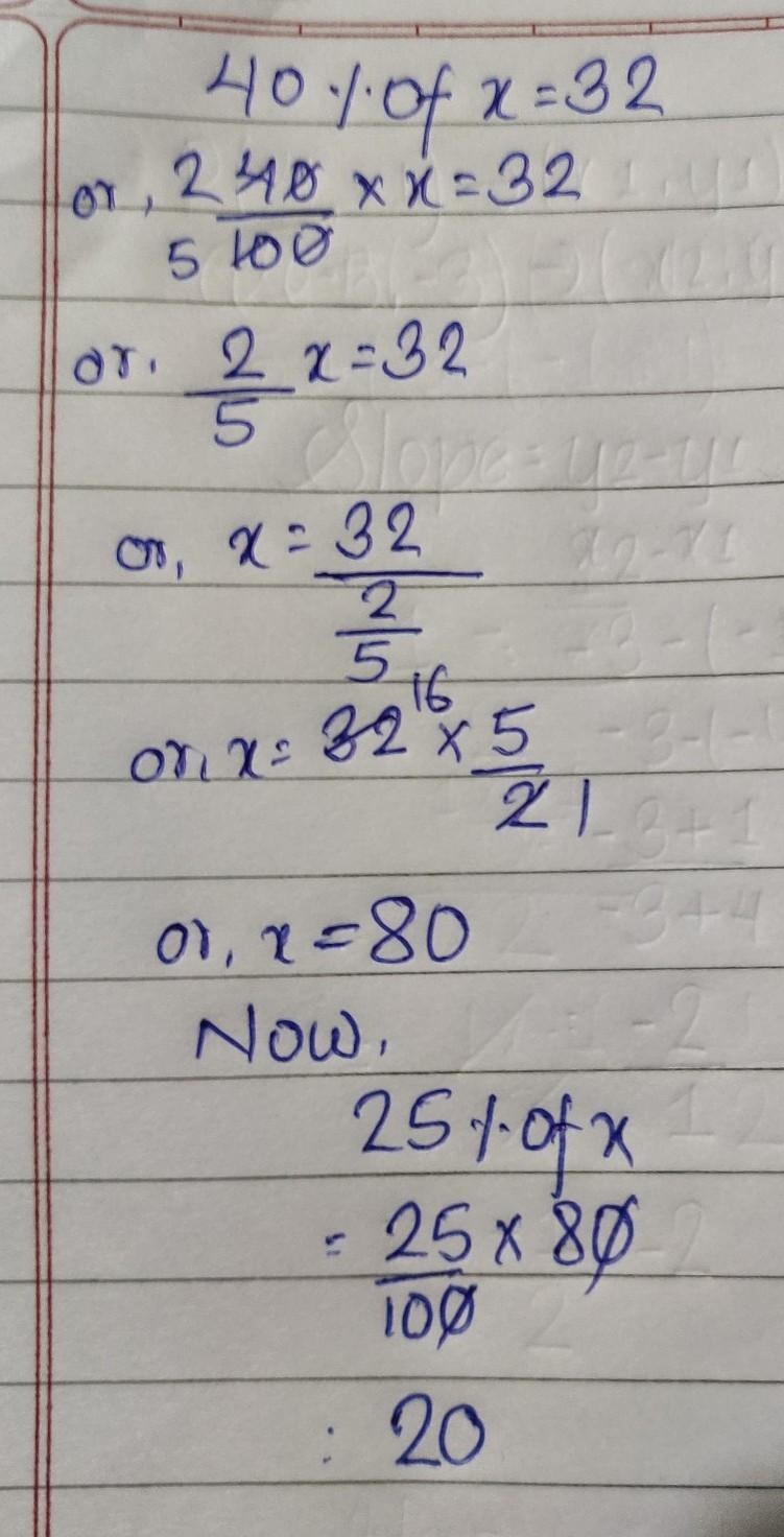 Select the correct value. If 40% of a number is 32, what is 25% of that number? 28.5 10 20 12.5-example-1