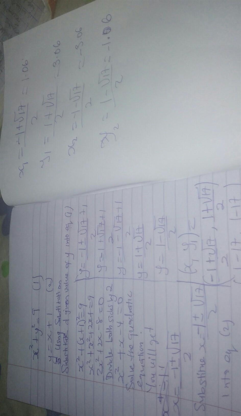 Solve the system x squared plus y squared equals 9, y equals x plus 1 to the nearest-example-1