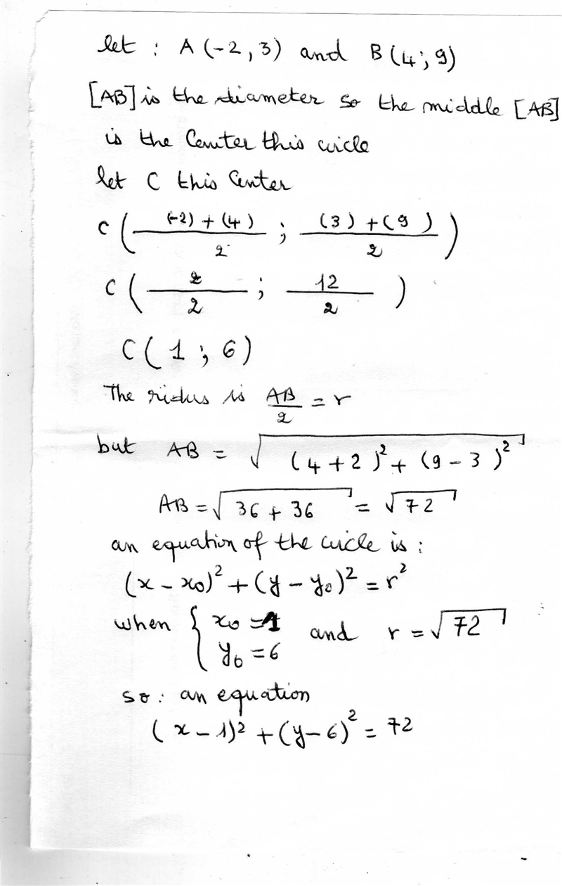 What is the equation of the circle for which the points (-2,3) and (4,9) are the endpoints-example-1