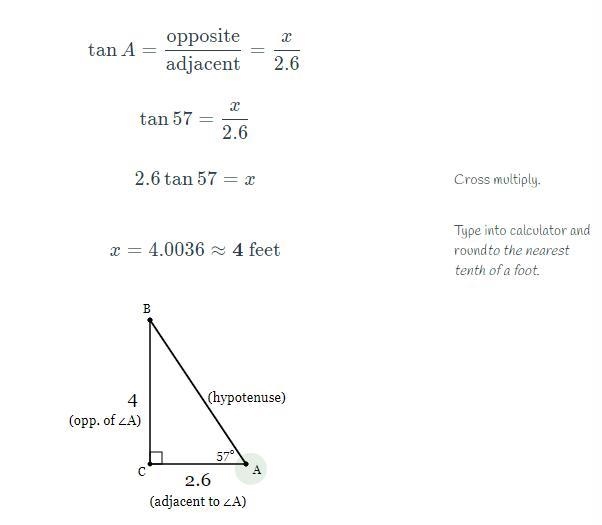 In AABC, the measure of 2C=90°, the measure of ZA=57°, and CA = 2.6 feet. Find the-example-1