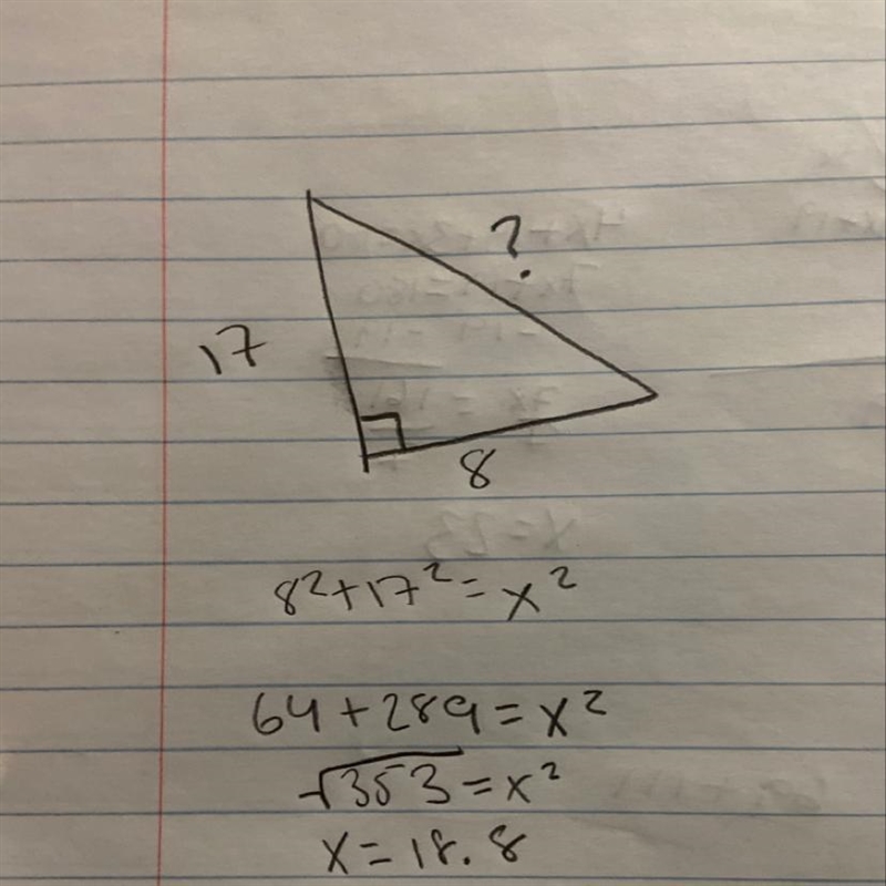 PLZZZ HELPP!!! A right triangle has legs measuring 8 in. and 17 in. What is the length-example-1