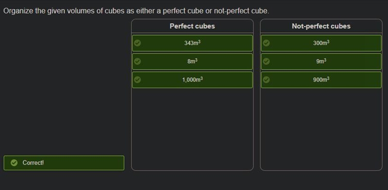 Organize the given volumes of cubes as either a perfect cube or not-perfect cube. 900m-example-1