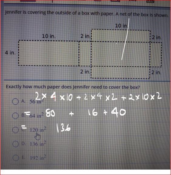 HELP!!!! Exactly how much paper does jennifer need to cover the box?-example-1