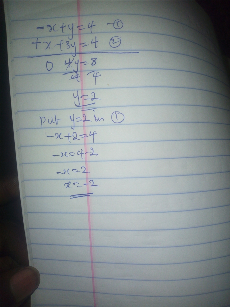 Solve the system of linear equations by elimination. −x+y=4−x+y=4 x+3y=4-example-1