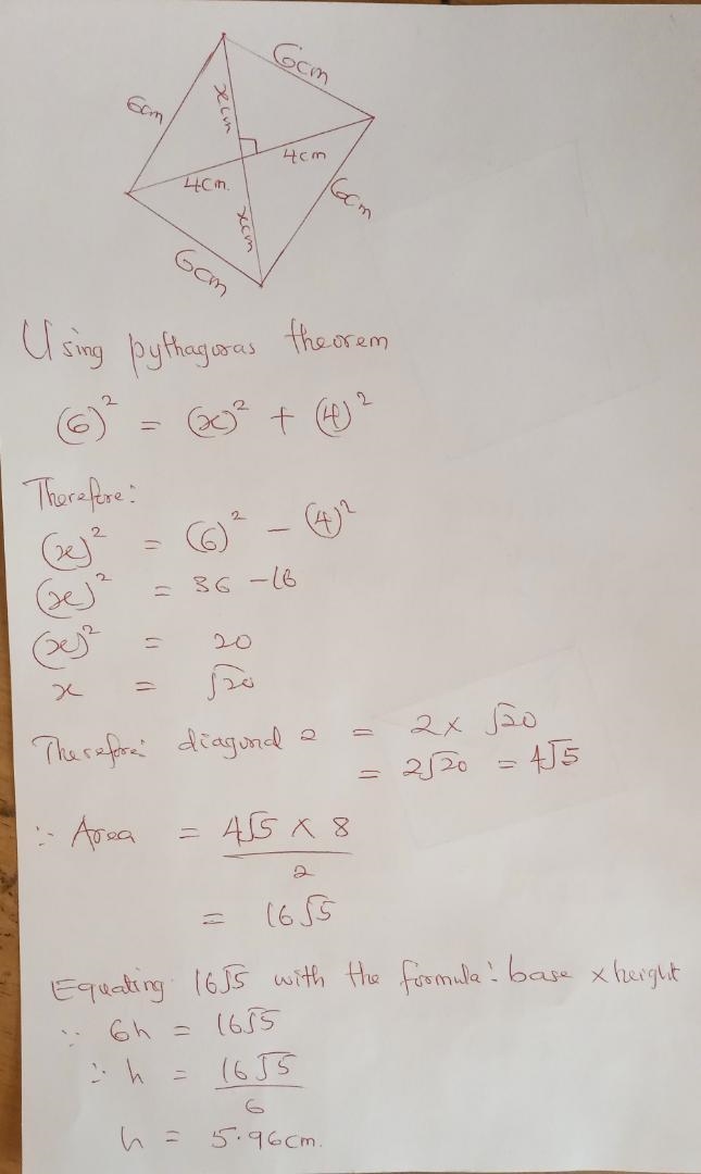 If sides of a rhombus are 6cm each and one diagonal is 8cm .find the height of the-example-2