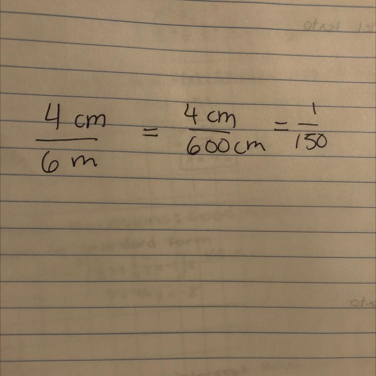 What is the scale of a drawing where a 6 meter wall is 4cm long 1 cm=_____________________ m-example-1