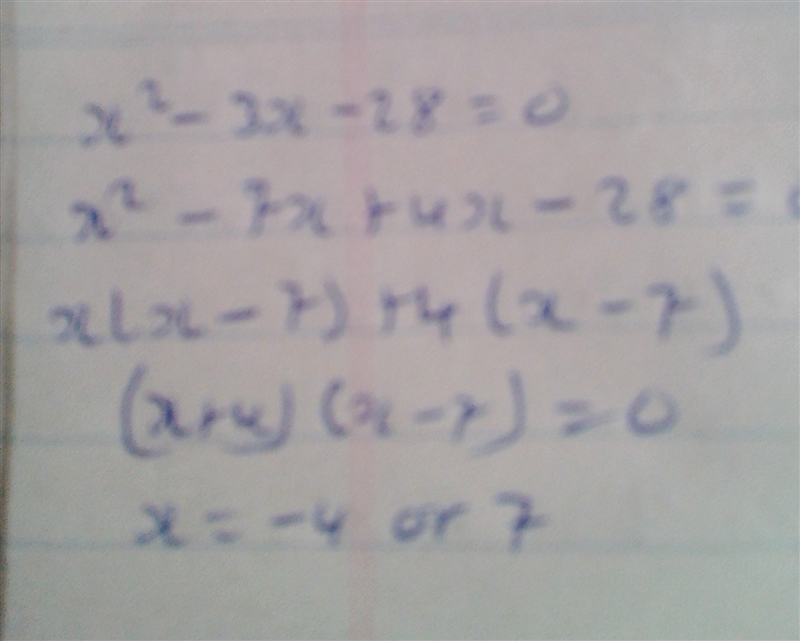 Factor x2-3x - 28 ax2 + bx + c Identify the values that should be written to complete-example-1