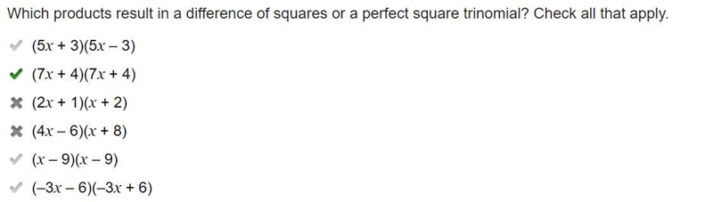 Which products result in a difference of squares or a perfect square trinomial? Check-example-1