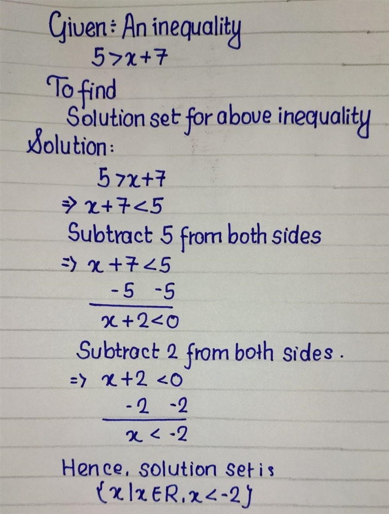 Given: 5 > x + 7. Choose the graph of the solution set.​-example-1