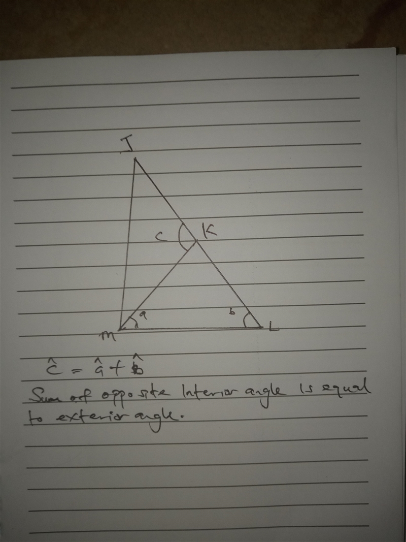 Triangle K M L is shown. Line L K extends through point J to form exterior angle J-example-1