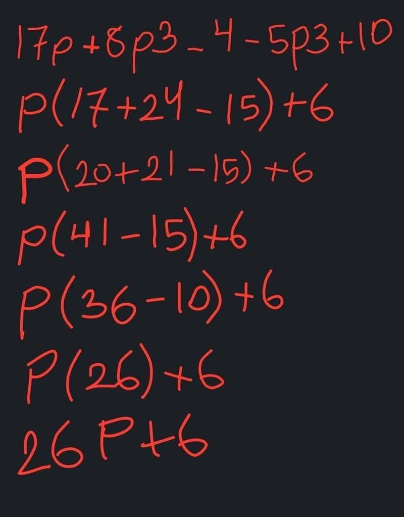 17p + 8p3 – 4 – 5(p3 – 2). Don't solve, I just need the simplest form-example-1