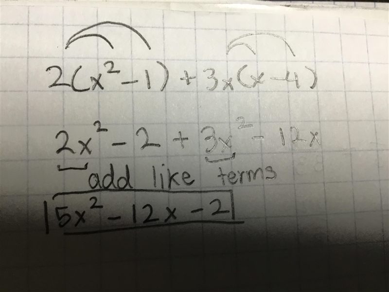 Which expression is equivalent to 2(x^2-1) + 3x(x-4) (please show work)-example-1