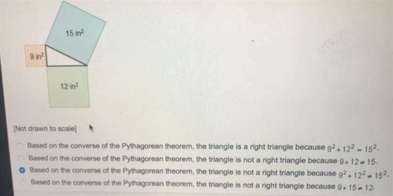 The areas of the squares created by the side lengths of the triangle are shown. Which-example-1