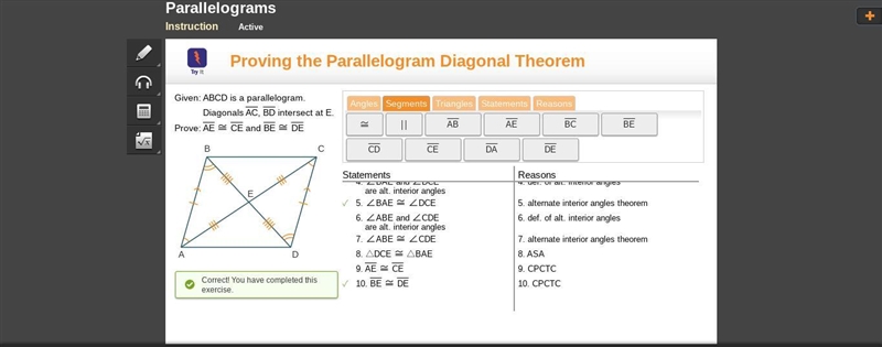 Prove that the diagonals of a parallelogram bisect each other (Theorem).-example-2