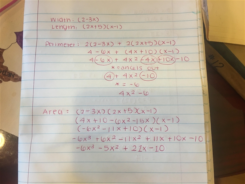 Polynomial question, What is the perimeter and area of the rectangle? Width: (2-3x-example-1