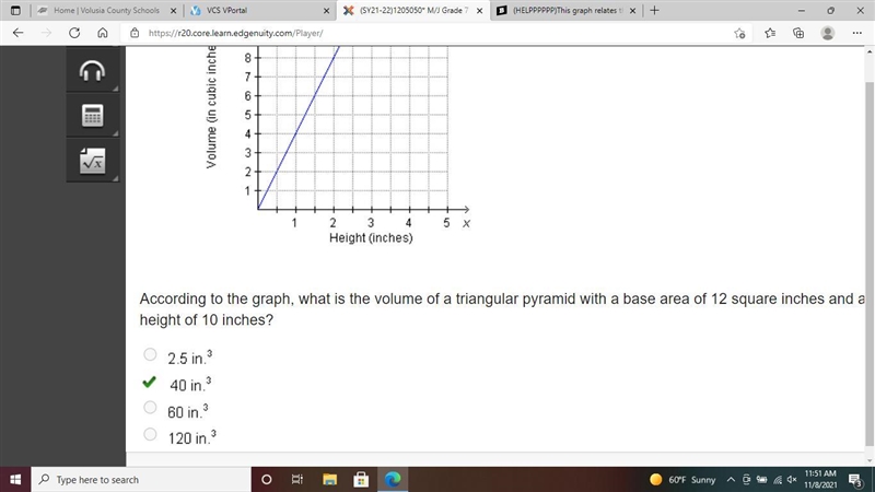 (HELPPPPPP)This graph relates the volumes of triangular pyramids with a base area-example-1