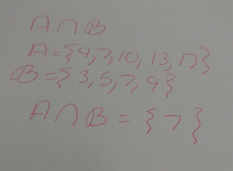 Find A n B if A = {4, 7, 10, 13, 17) and B = {3, 5, 7, 9)-example-1